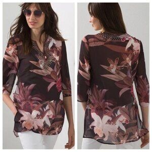 Chico’s Embellished Floral Tunic Top El Cielo 3/4 Sleeve Espresso Sz 3 NWT